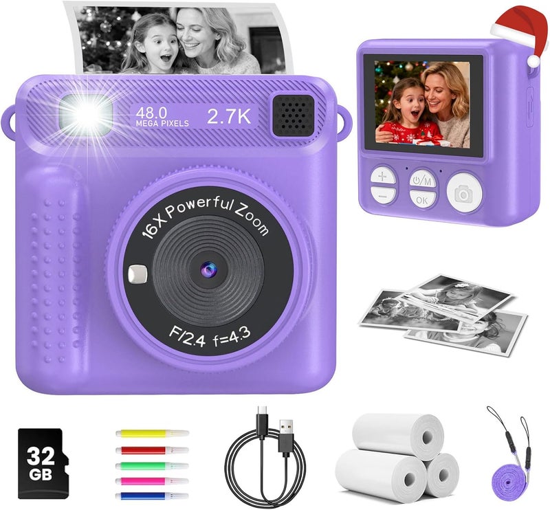 JPVERLY Kids Camera Instant Print, 1080P HD Digital Video Recorder with 32GB SD Card, Christmas Birthday Gifts for 3-12 Year Old Girls and Boys, Portable Toy for Toddlers and Kids (Purple Pro) - Image 1